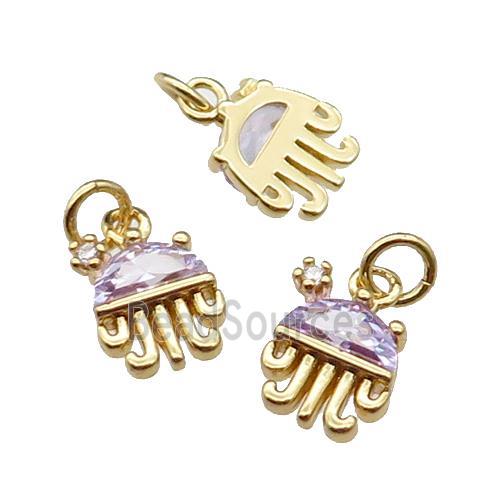 copper Octopus pendant pave purple zircon, gold plated