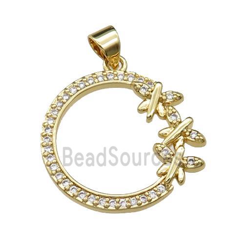 copper circle pendant pave zircon, butterfly, gold plated