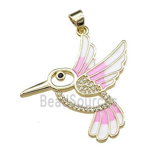 copper Hummingbird pendant pave zircon, pink enamel, gold plated