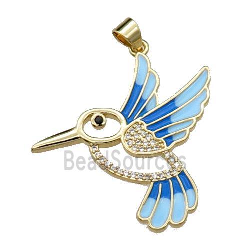 copper Hummingbird pendant pave zircon, blue enamel, gold plated