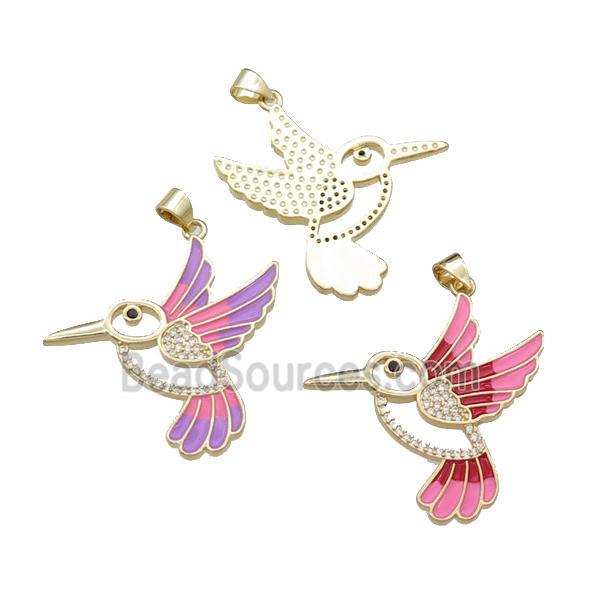 copper Hummingbird pendant pave zircon, mix enamel, gold plated