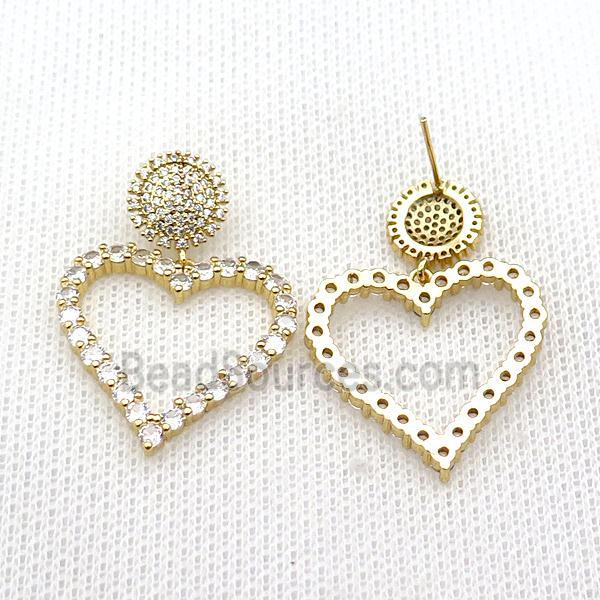 copper Stud Earring pave zircon, heart, gold plated