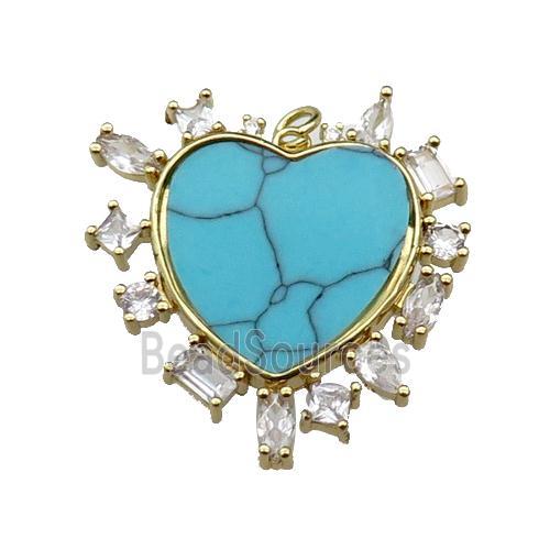 copper heart pendant pave turquoise zircon, gold plated