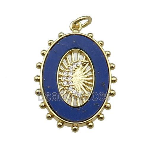 copper oval pendant pave lapis zircon, moon, gold plated