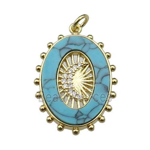 copper oval pendant pave turquoise zircon, moon, gold plated