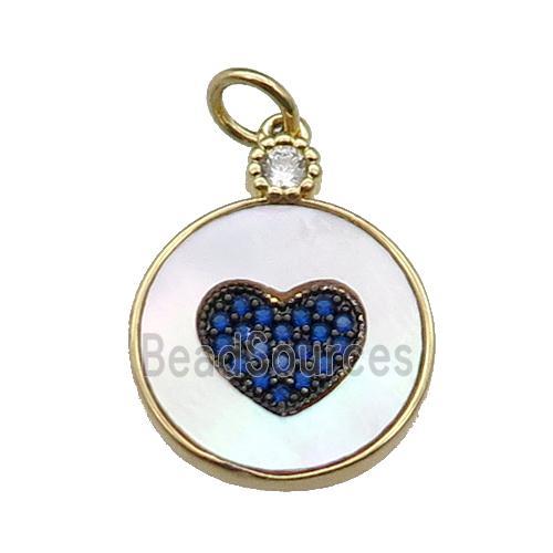 copper circle Heart pendant pave shell blue zircon, gold plated