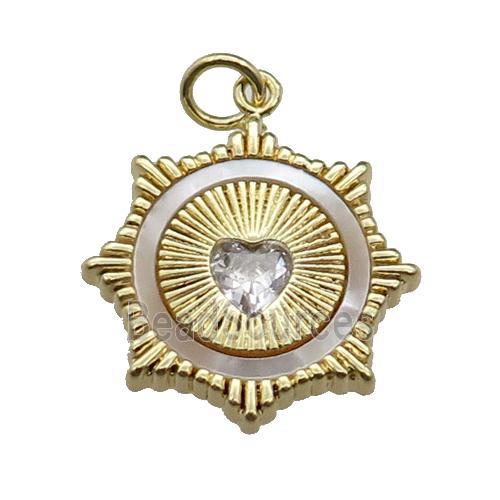 copper Sun pendant pave shell zircon heart, gold plated