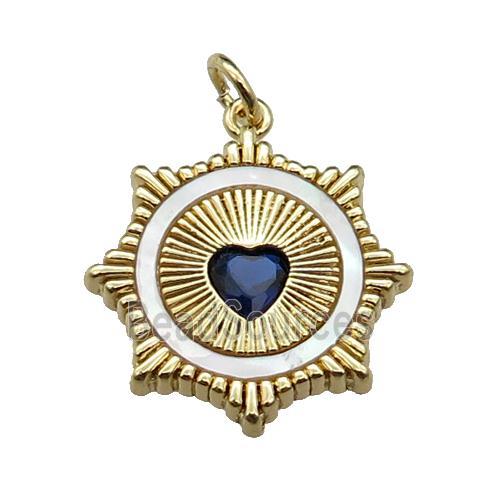 copper Sun pendant pave shell blue zircon heart, gold plated