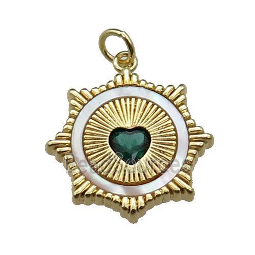 copper Sun pendant pave shell green zircon heart, gold plated