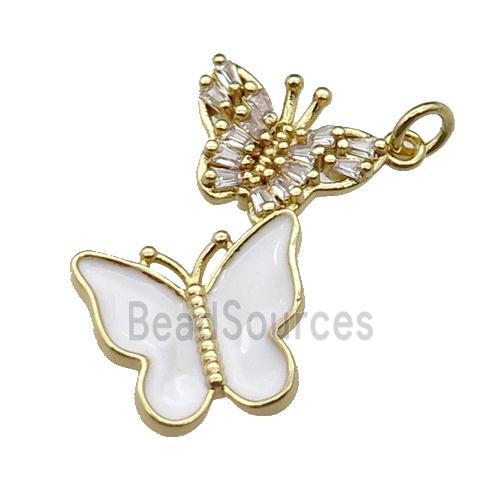 copper Butterfly pendant pave zircon, white enamel, gold plated