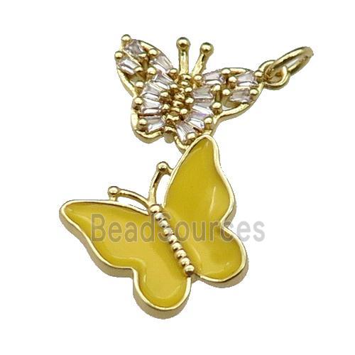 copper Butterfly pendant pave zircon, brown enamel, gold plated