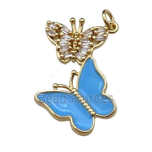 copper Butterfly pendant pave zircon, blue enamel, gold plated