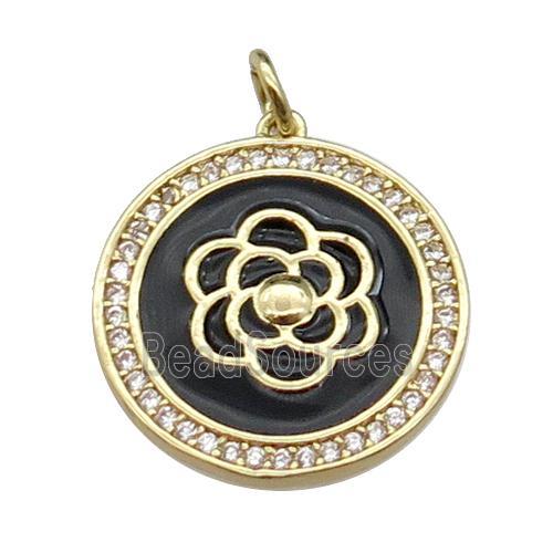 copper circle flower pendant pave zircon, black enamel, gold plated