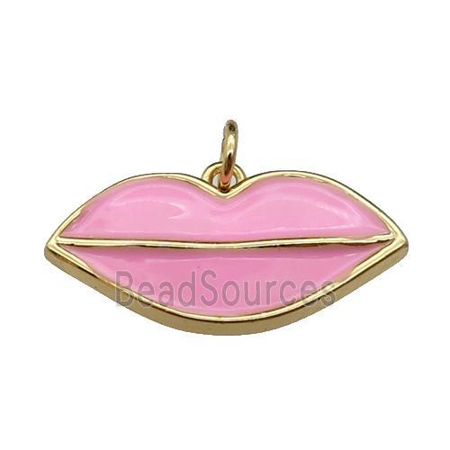 copper Lip pendant, pink enamel, gold plated