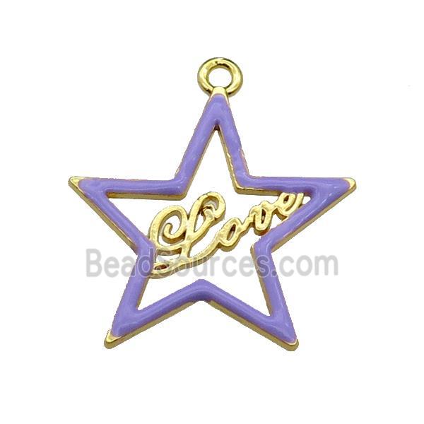 copper Star pendant with lavender enamel, LOVE, gold plated