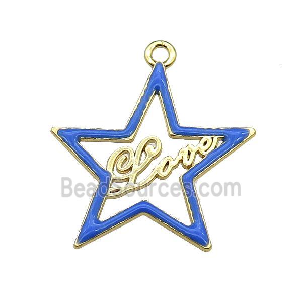 copper Star pendant with blue enamel, LOVE, gold plated