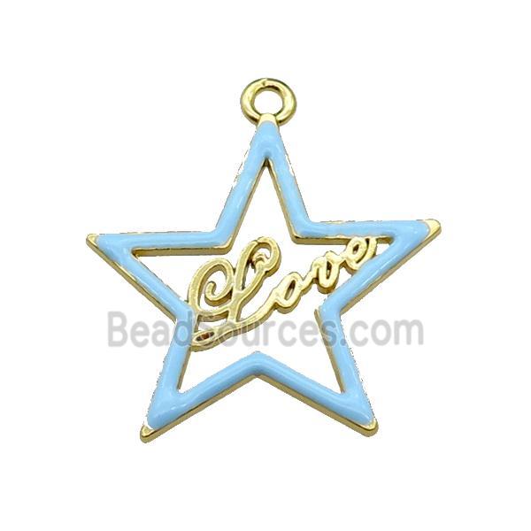 copper Star pendant with blue enamel, LOVE, gold plated