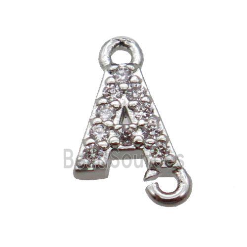 copper letter-A connector pave zircon, platinum plated