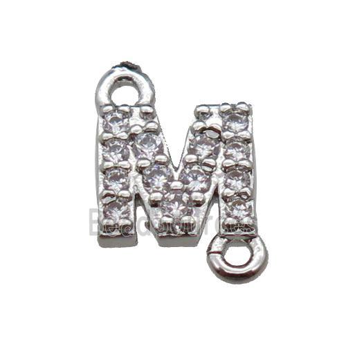 copper letter-M connector pave zircon, platinum plated