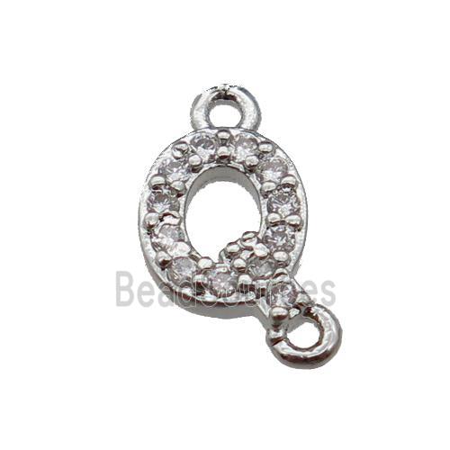 copper letter-Q connector pave zircon, platinum plated