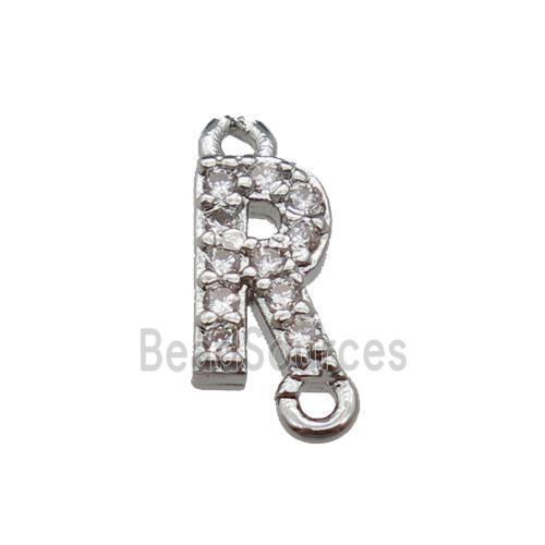 copper letter-R connector pave zircon, platinum plated