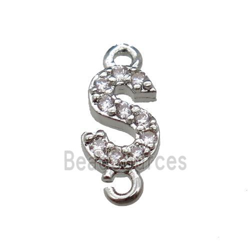 copper letter-S connector pave zircon, platinum plated