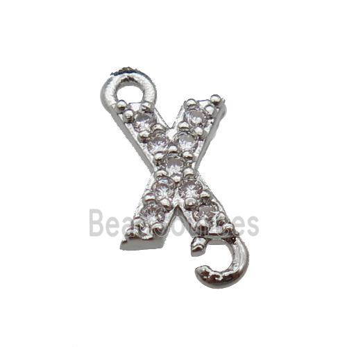 copper letter-X connector pave zircon, platinum plated