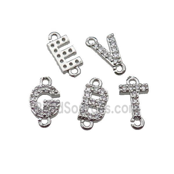 mix copper letter alphabet connector pave zircon, platinum plated