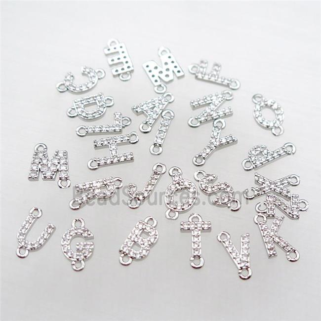 mix copper letter alphabet connector pave zircon, platinum plated