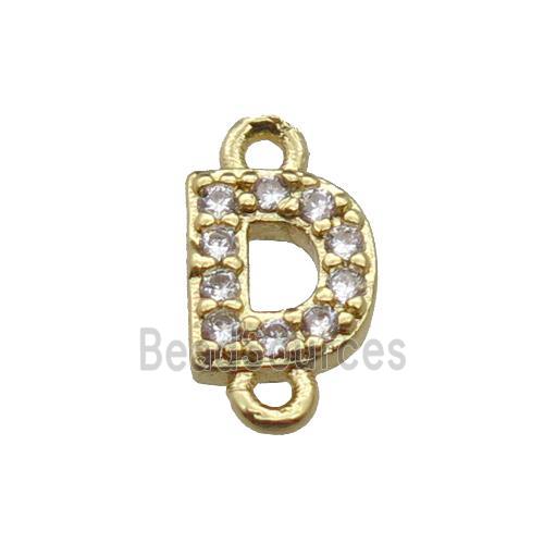 copper letter-D connector pave zircon, gold plated