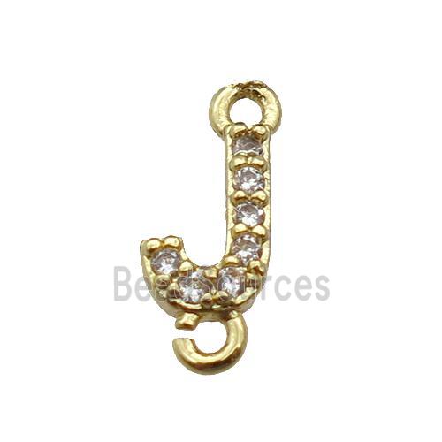 copper letter-J connector pave zircon, gold plated