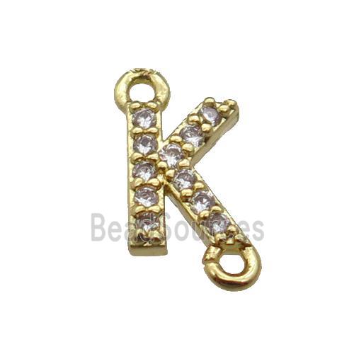 copper letter-K connector pave zircon, gold plated