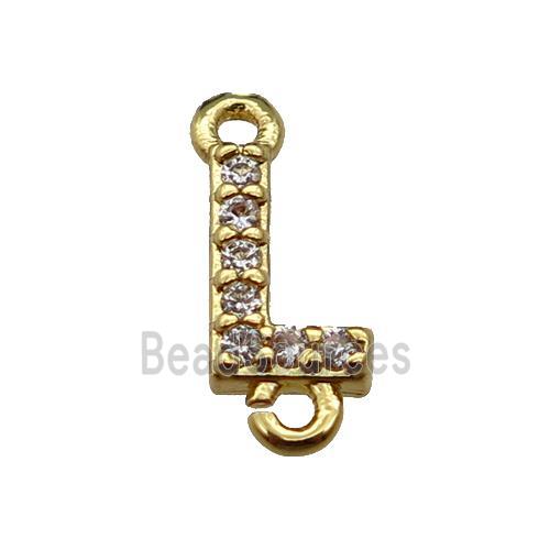 copper letter-L connector pave zircon, gold plated