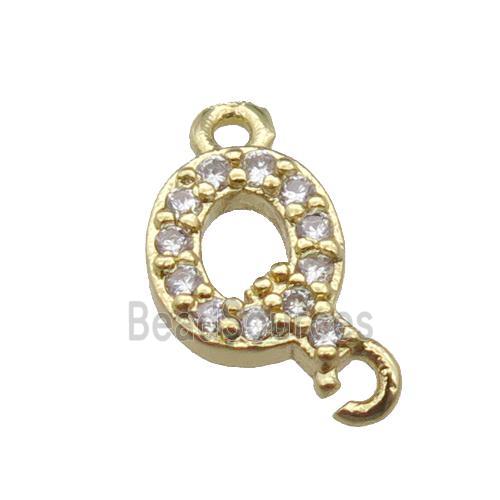 copper letter-Q connector pave zircon, gold plated