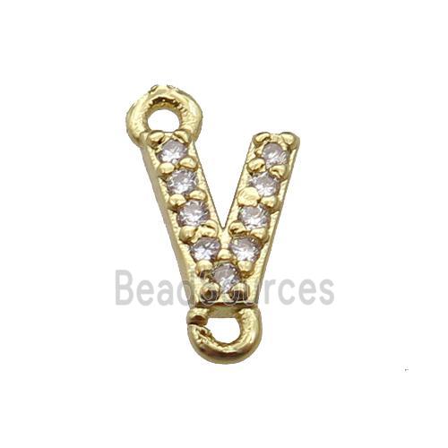 copper letter-V connector pave zircon, gold plated