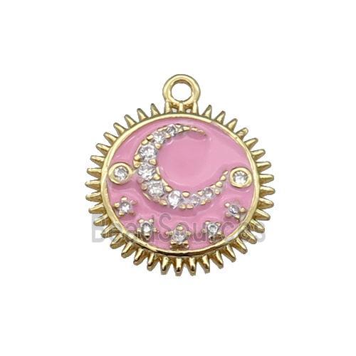 copper Sun moon pendant pave zircon, pink enamel, gold plated