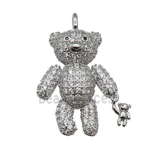 copper Bear charm pendant pave zircon, platinum plated