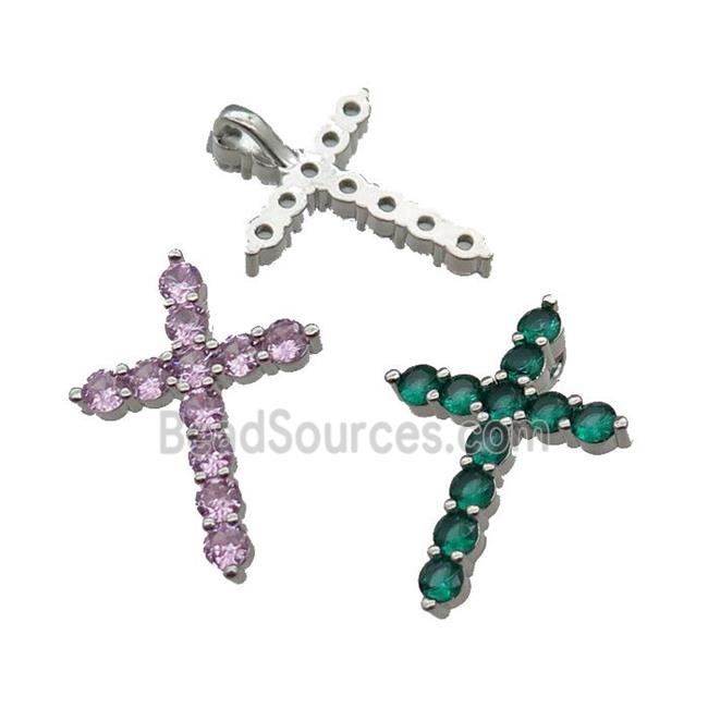 copper Cross pendant pave zircon, mixed, platinum plated