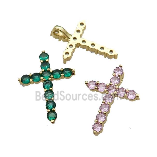 copper Cross pendant pave zircon, mix, gold plated