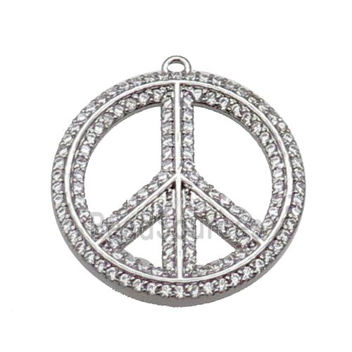 copper Peace Sign pendant pave zircon, platinum plated