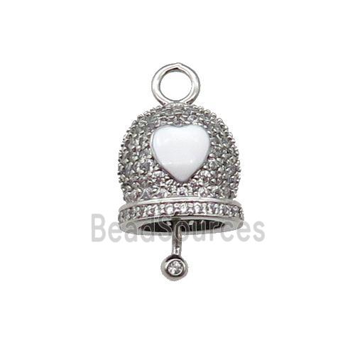 copper Bell pendant pave zircon, white enamel, platinum plated