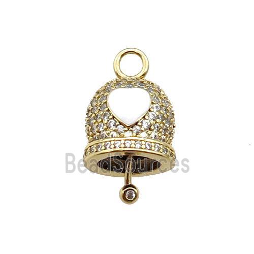 copper Bell pendant pave zircon, white enamel, gold plated