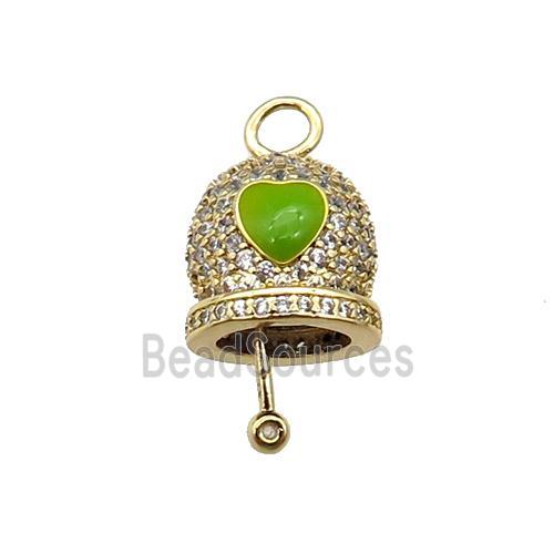 copper Bell pendant pave zircon, green enamel, gold plated