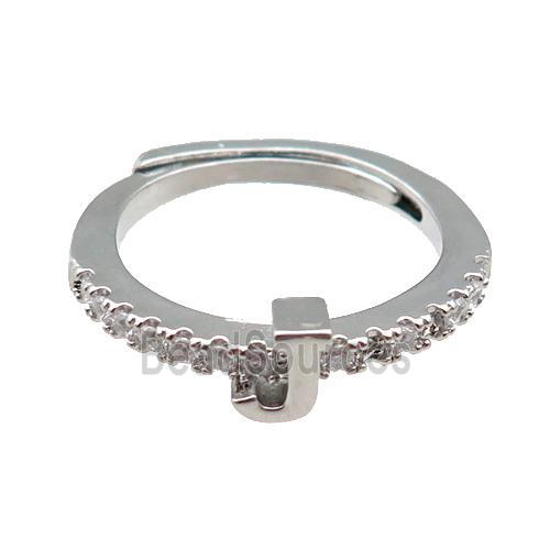 copper Ring pave zircon, letter-J, adjustable, platinum plated