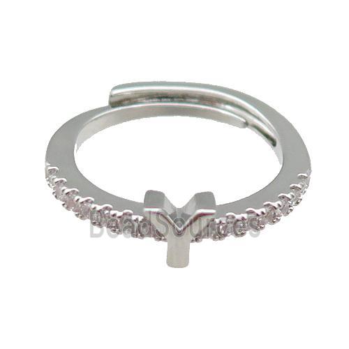 copper Ring pave zircon, letter-Y, adjustable, platinum plated