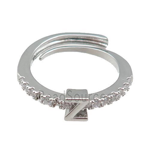 copper Ring pave zircon, letter-Z, adjustable, platinum plated