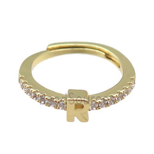 copper Ring pave zircon, letter-R, adjustable, gold plated