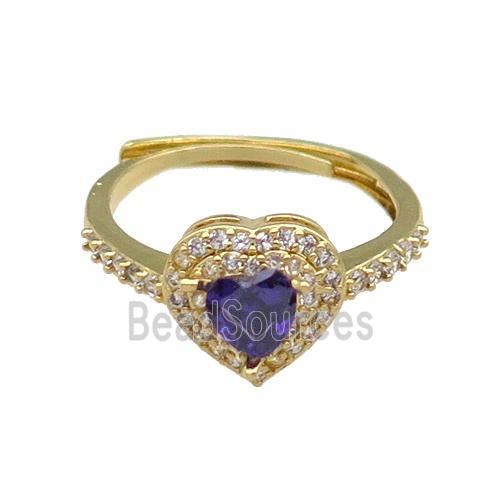 copper Heart Ring pave zircon purple adjustable gold plated