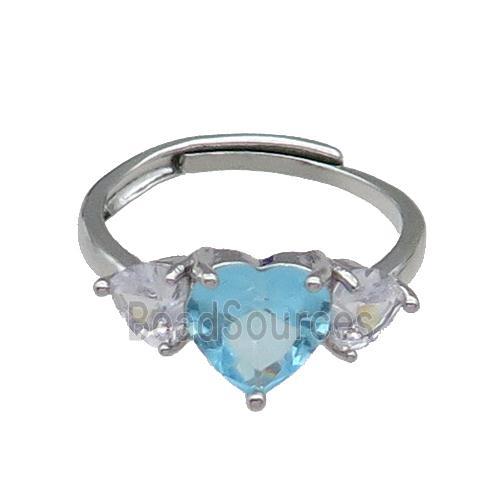 copper Heart Ring pave zircon aqua adjustable platinum plated