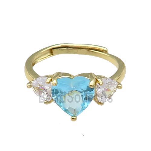 copper Heart Ring pave zircon aqua adjustable gold plated